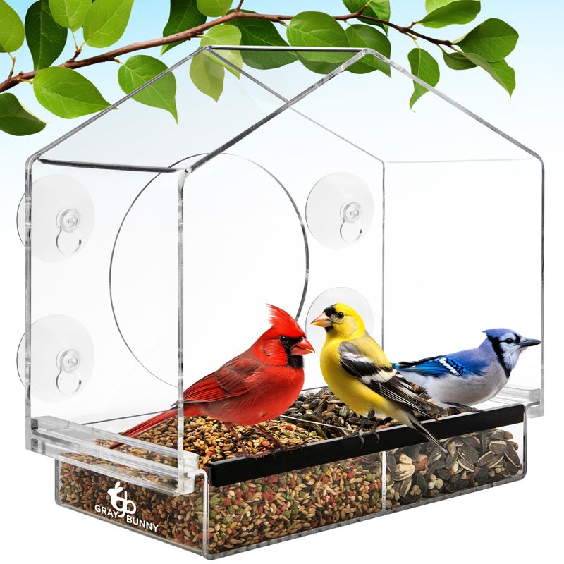 Gray Bunny Window Bird Feeder with Strong Suction Cups - Gifts for Grandma Bird Watching Gifts for Grandpa Backyard Birding (Large House) - Image 1